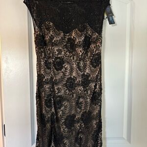 Sue Wong Black and Gold Lace Midi Dress